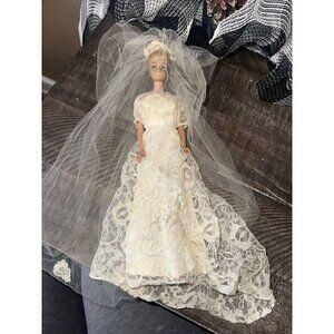 Vintage 60s? Doll Wedding DRESS ONLY Lace Satin Wedding  Dress Panties And Veil